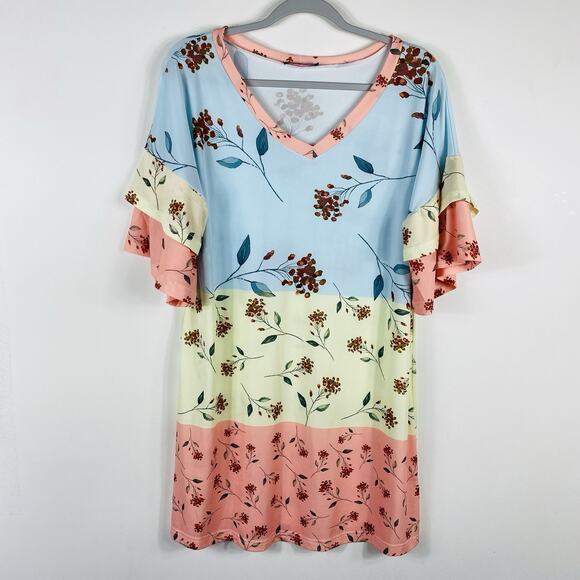 Lily By Firmiana Size Medium Floral Ruffle Tiered Sleeve V-Neck Tunic - Picture 1 of 6
